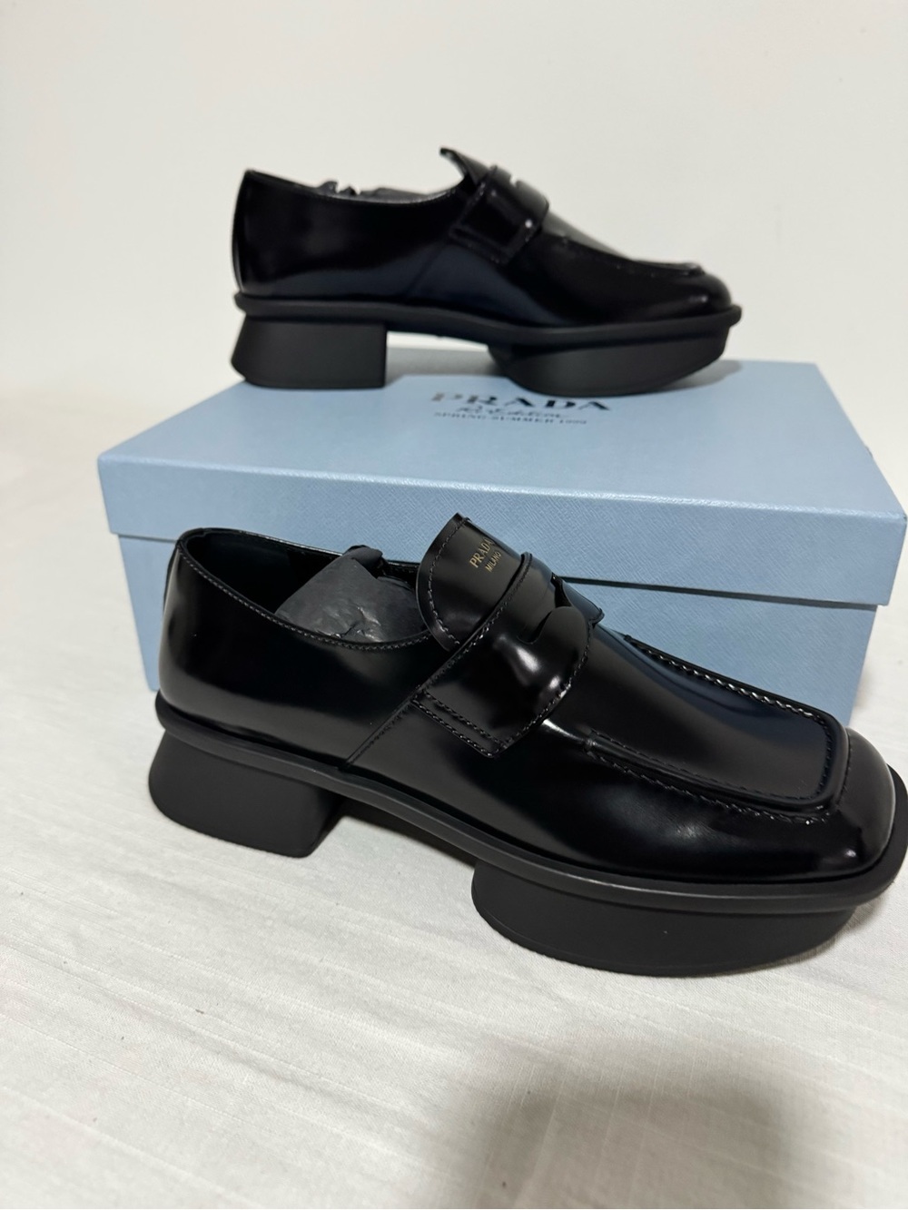 Prada Black Patent Leather Platform Penny Loafers